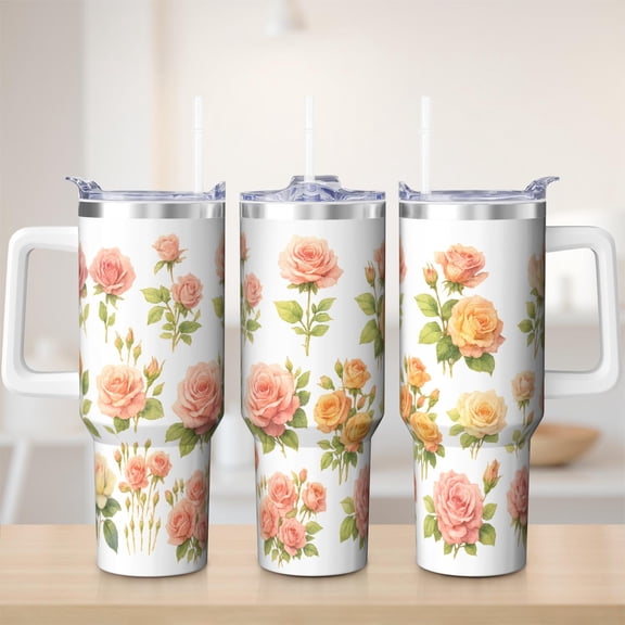 Cute flowers tumbler 40 oz tumbler with handle and straw 304 stainless steel travel cup coffee mug water bottle suitable as a gifts for women mom gifts gift for flowers lovers