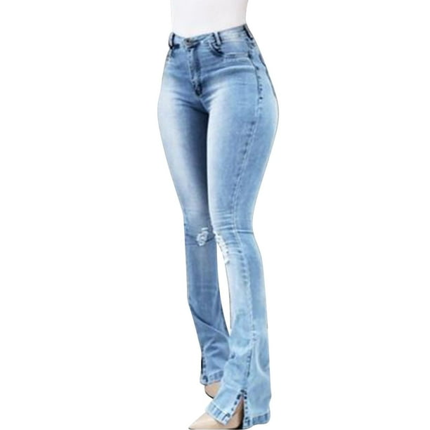 Gibobby Jeans dama talla extra rasgados con parte inferior de campana para mujer Pantalones acampanados clásicos de talle(Azul claro,CH)