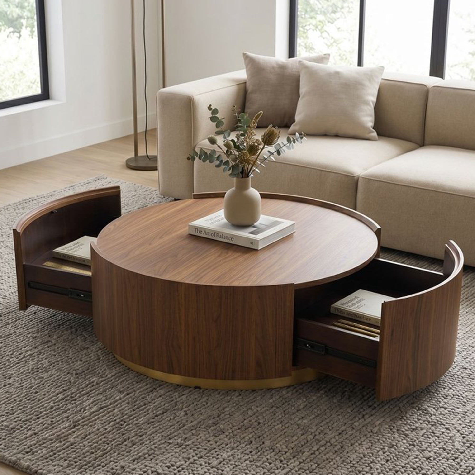 Leumius Modern Round Coffee Table with 2 Hidden Storage Drawers, Walnut Wood Finish Drum Circle Coffee Table with Storage for Living Room Bedroom