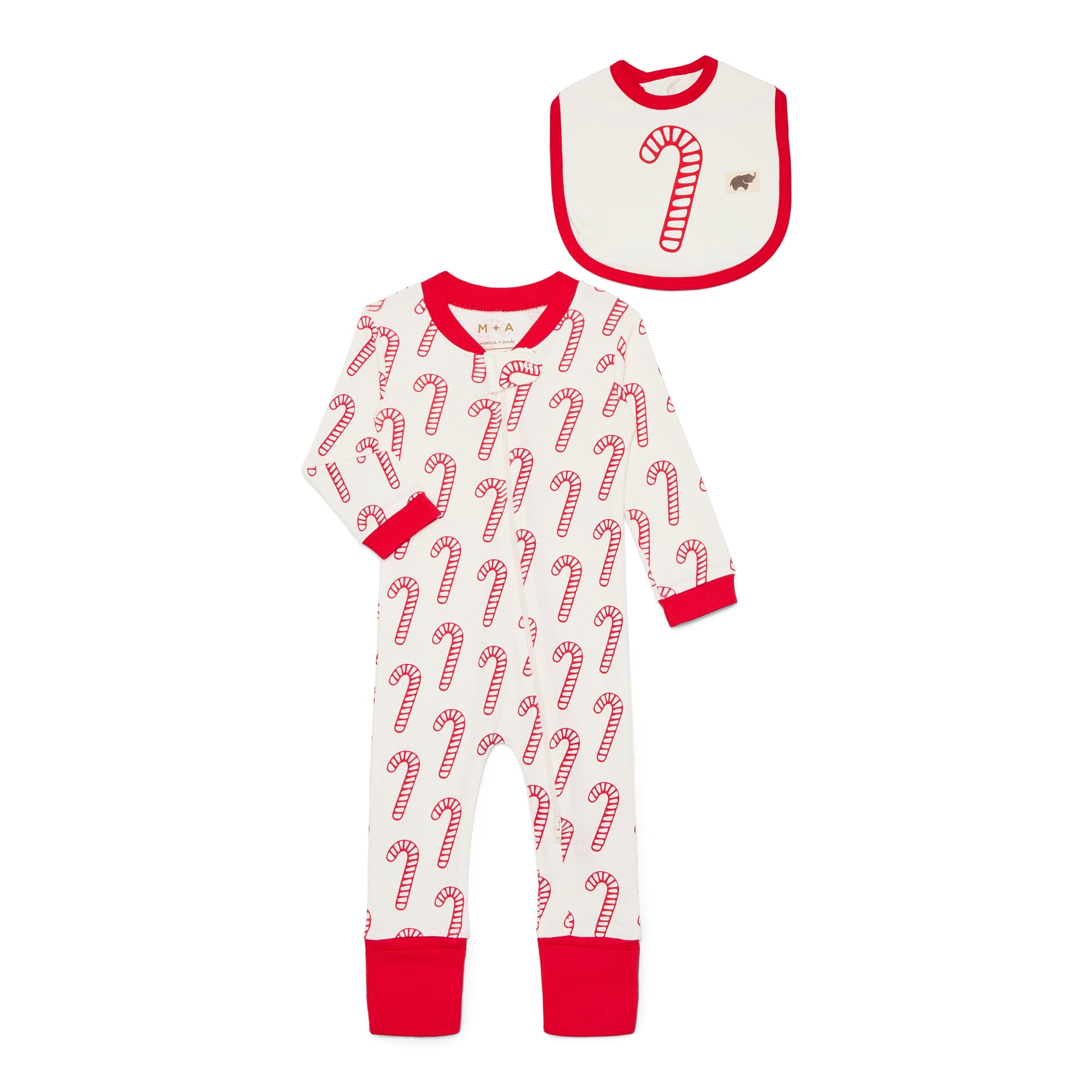 M+A by Monica + Andy Gender Neutral Baby Christmas Organic Cotton One Piece Pajamas and Bib Set, 2-Piece, Sizes 0M-24M