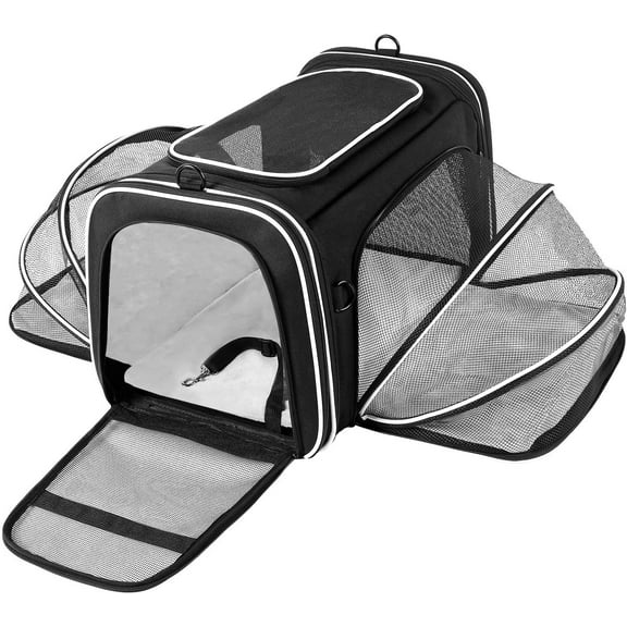 TSA Airline Approved Large Pet Travel Carrier4 Sides Expandable With 2 Mesh Pockets 3 Entry Soft Sided Collapsible Dog Carrier For 2 Cats Kittens Puppies Dog  Black White