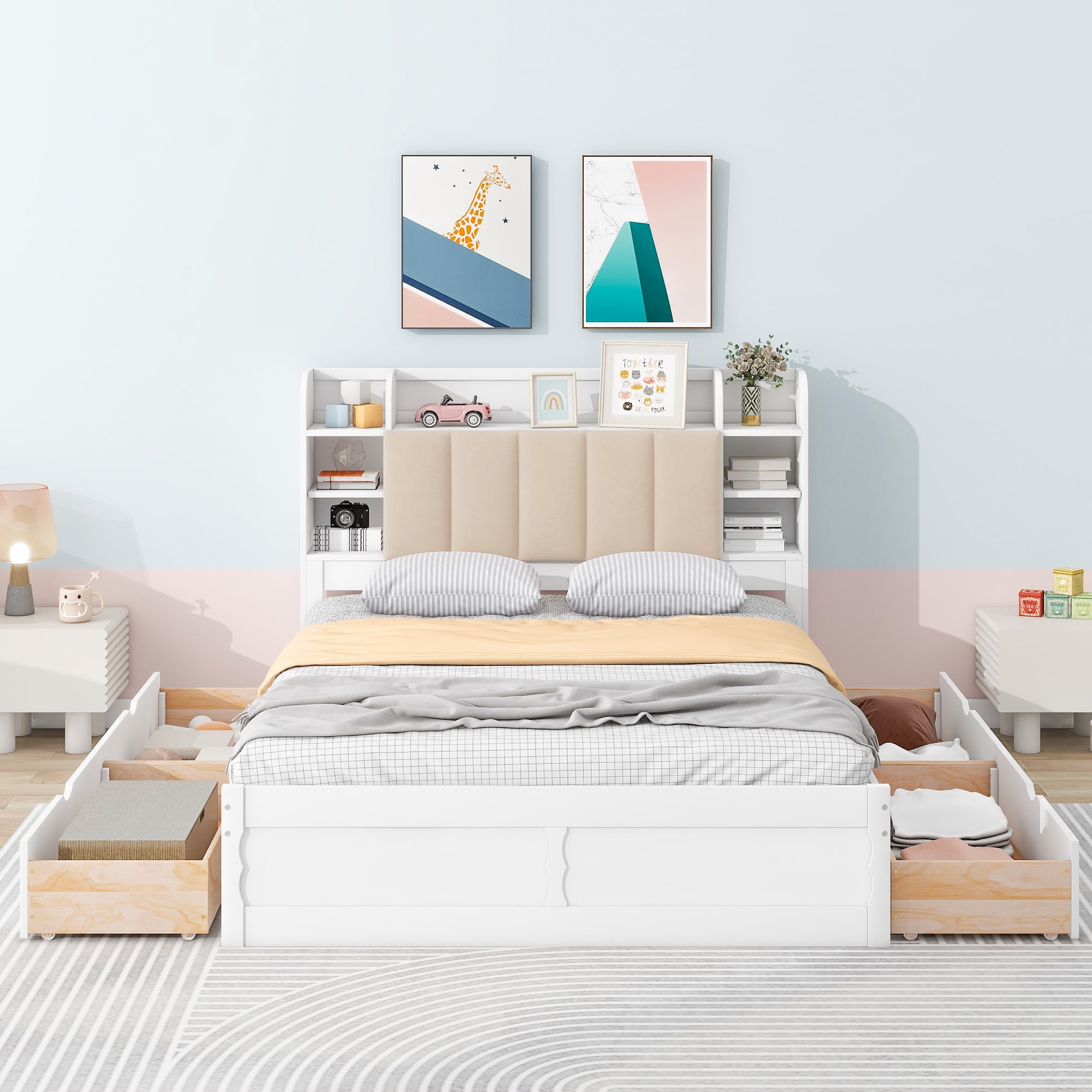 Euroco Wood Queen Platform Bed, Upholstered with Storage Headboard and 4 Drawers for Kids and Adults Bedroom, White