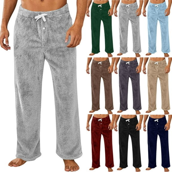 Homozy Men's Flannel Pajama Pants Winter Warm Lounge Pants Solid Color Wide Leg Lounge Bottoms Casual Baggy Loose Drawstring Pj Pants Gray M