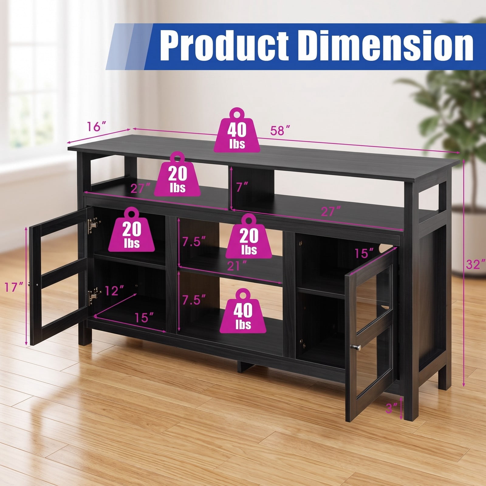 Furnibear 58 Inch TV Stand Entertainment Center Media Console with 2 Acrylic Door Cabinets, Fireplace Ready Open Shelves and Cable Management for TVs up to 65, Black