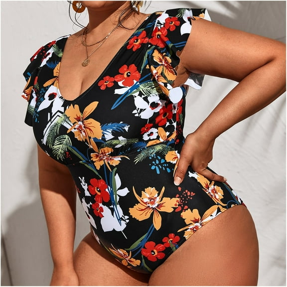 Aloohaidyvio 2024 Summer Swimsuits Plus Size,Women Sexy With Chest Pad Ruffle Sleeves V Neck One-piece Conservative Backless Swimsuit Bikini