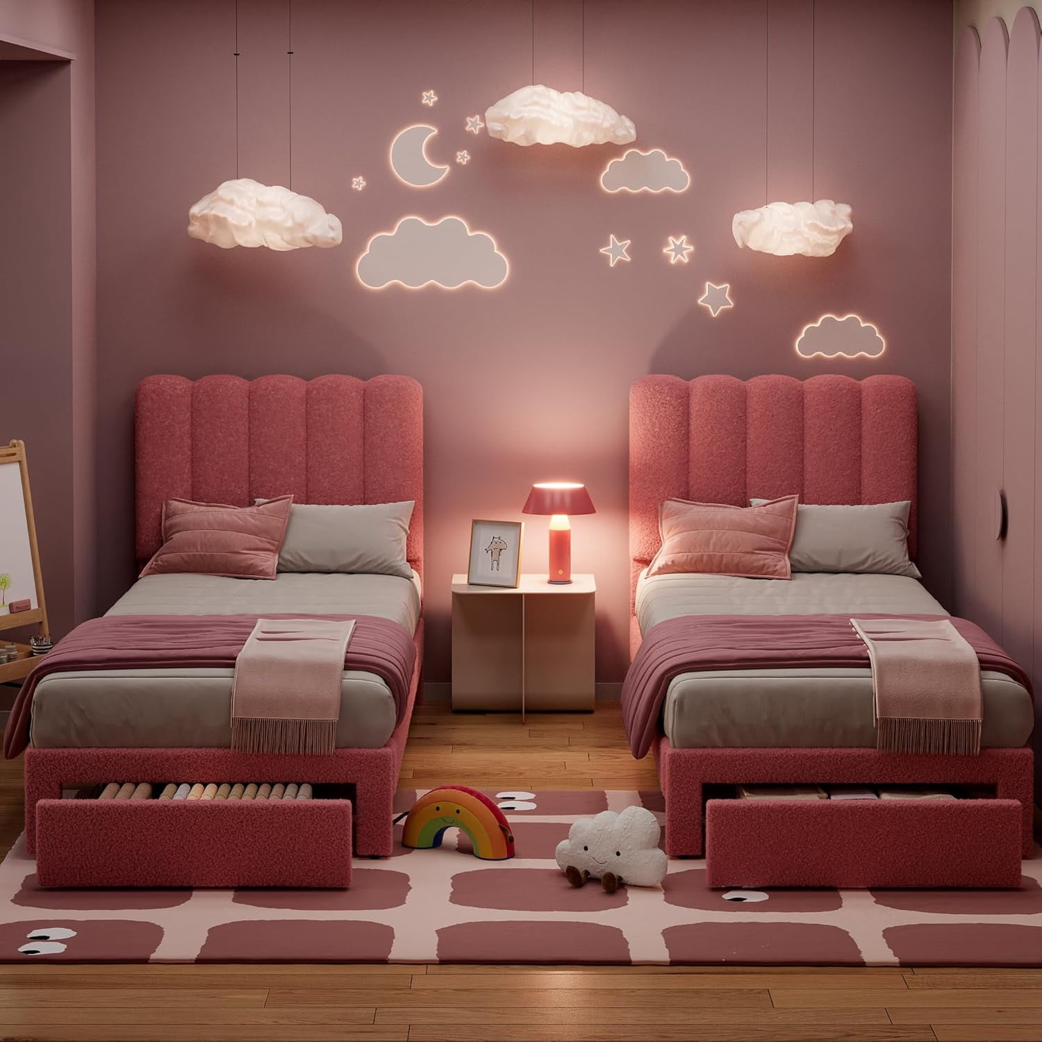 Homhougo Twin Bed Frame with Storage Drawer and Headboard, Boucle Upholstered Twin Platform Bed Frame for Girls, Strong Wooden Slats Support, Noise-Free, Easy Assembly (Boucle Pink)