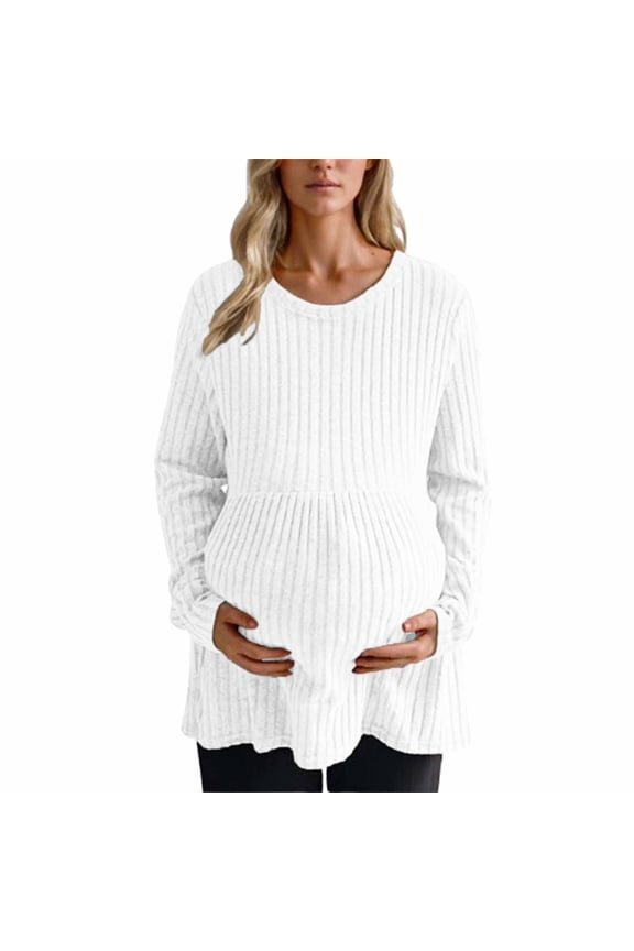 Women's Maternity Tops Soft Long Sleeve Pregnancy Tunic Blouses Crew Neck Striped Knitted Sweater Top