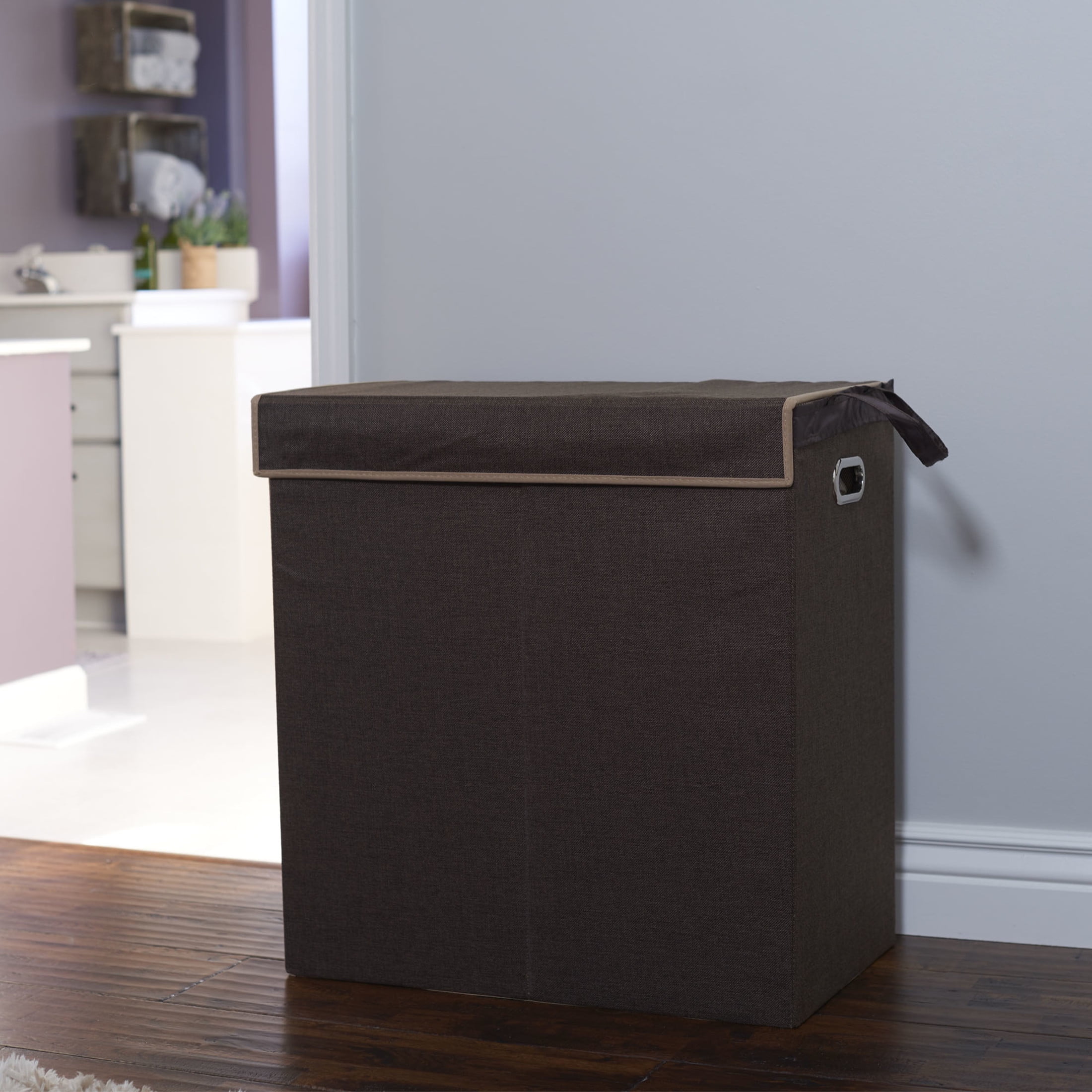 Household Essentials Double Laundry Hamper with Lid, Two Compartments for Easy Sorting with Removable Liner, Collapsible, Brown Linen 5614