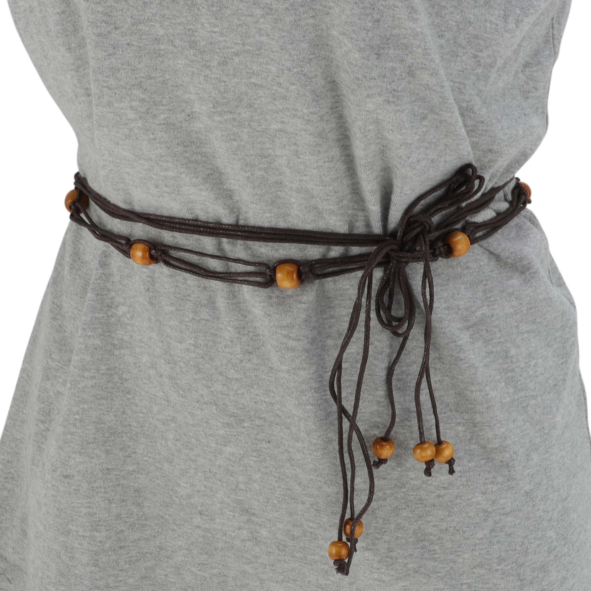 Unique Bargains Retro Bohemian Adjustable Tie Belt with Bead Accents 1 Pc Coffee Color
