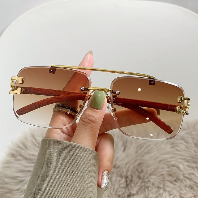 Gafas de sol con borde sin marco y diseño distintivo de leopardo con vetas de madera, gafas de sol con protección solar sin marco y doble haz