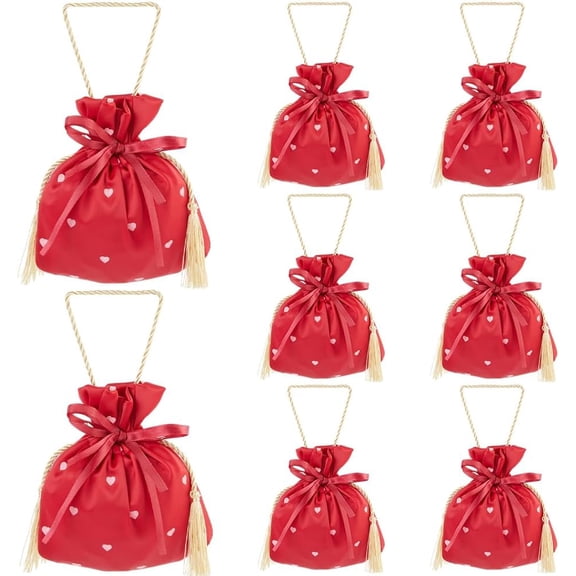 8Pcs Red Small Heart Thank You Gift Bag Women Birthday Christmas Party Favor Candy Bags with Handles 5.7x6.3 Inch Drawstring Candy Pouch