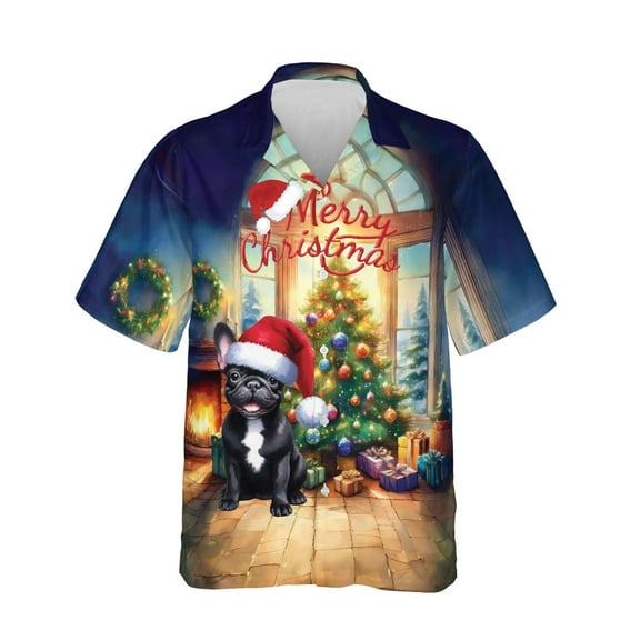 Merry Christmas French Bulldog Santa Hat Xmas Tree Winter Holiday Hawaiian Shirt Breathable Summer Unisex Merch Dog Lover Gifts - 01013