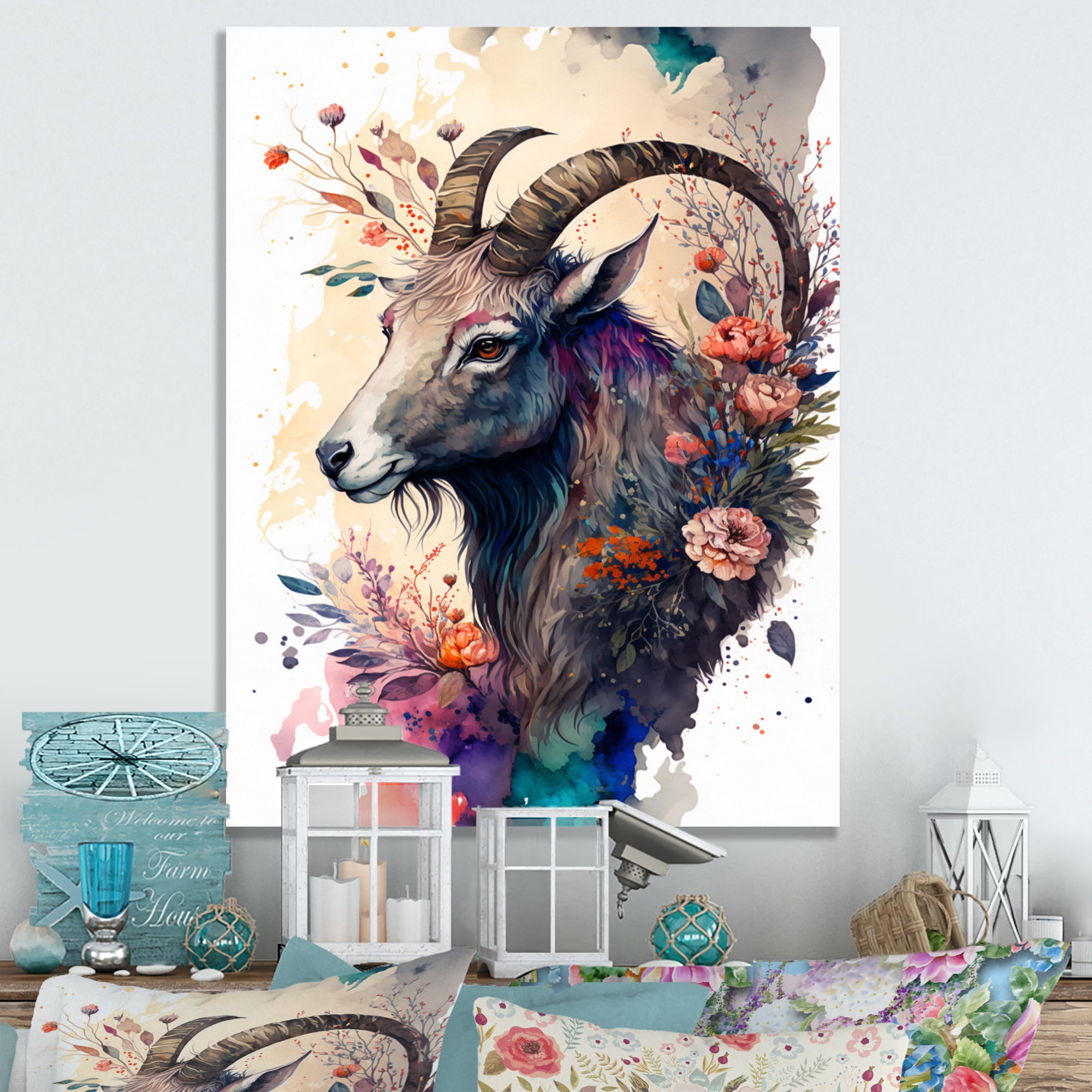 Designart Cute Goat Floral Art II Canvas Wall Art
