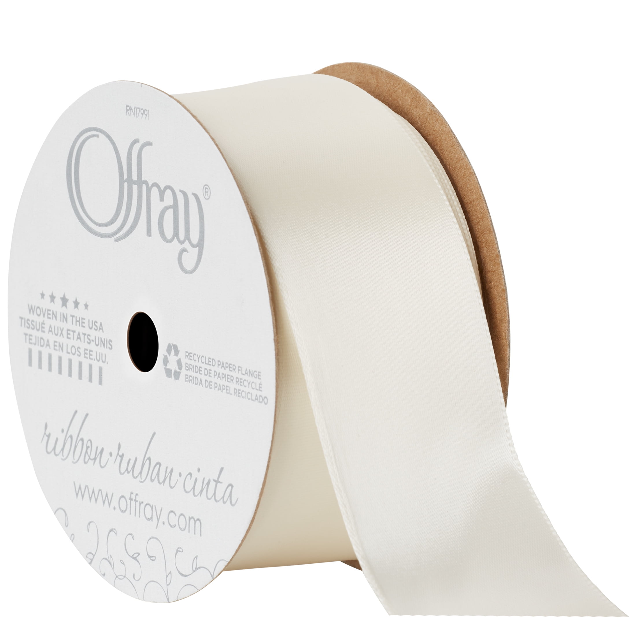 Offray Ribbon, Antique White 1 1/2 inch Single Face Satin Polyester Ribbon, 12 feet