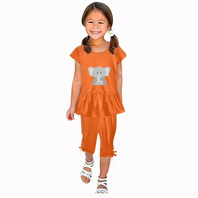 Shirts for Girls, Girls Summer Round Neck Small Print Short Sleeved Flying Sleeves Elastic Waist Cropped Pants Two-piece Set