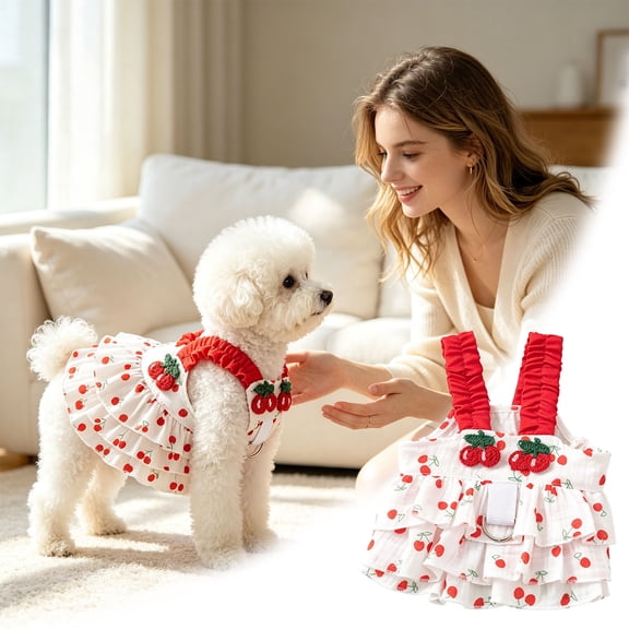 CSStudio Cute Cherry Pet Dress with Built‑in Leash D‑Ring, Breathable Summer Sleeveless Outfit for Small Dogs and Cats for Daily Party Photo Wear