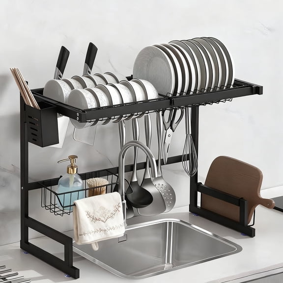 Over Sink Dish Drying Rack Wall Mounted – 65CM Expandable 2 Tier Dish Drainer with Adjustable Length, Snap-On Design Kitchen Counter Storage Organizer