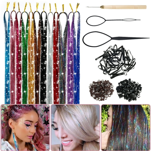 Gotydi Tinsel Kit 12 Colors Heat Resistant Tinsel Hair Extensions with Tools Fashion Fairy Sparkling Hair Glitter ,for Women Girls Hair Accessories Cosplay Party -
