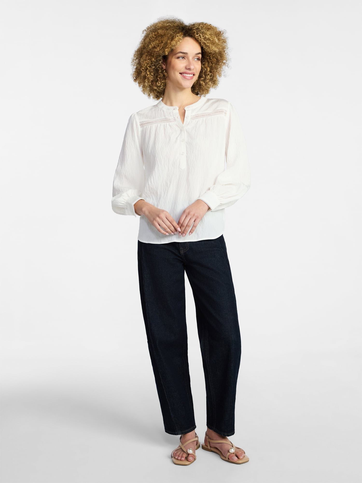 Time and Tru Women's Lace Yoke Half Button Shirt with Long Sleeves Sizes XS-XXXL
