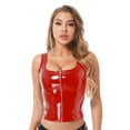 thumbnail image 2 of renvena Women Wetlook Skinny Crop Top Patent Leather U Neck Sleeveless Zipper Vest Red L, 2 of 7