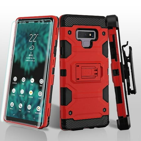 Samsung Galaxy Note 9 Phone Case Combo TUFF Hybrid Impact Armor Rugged TPU Dual Layer Hard Protective Cover Belt Clip Holster with Screen Protector Red Phone Case for Samsung Galaxy Note