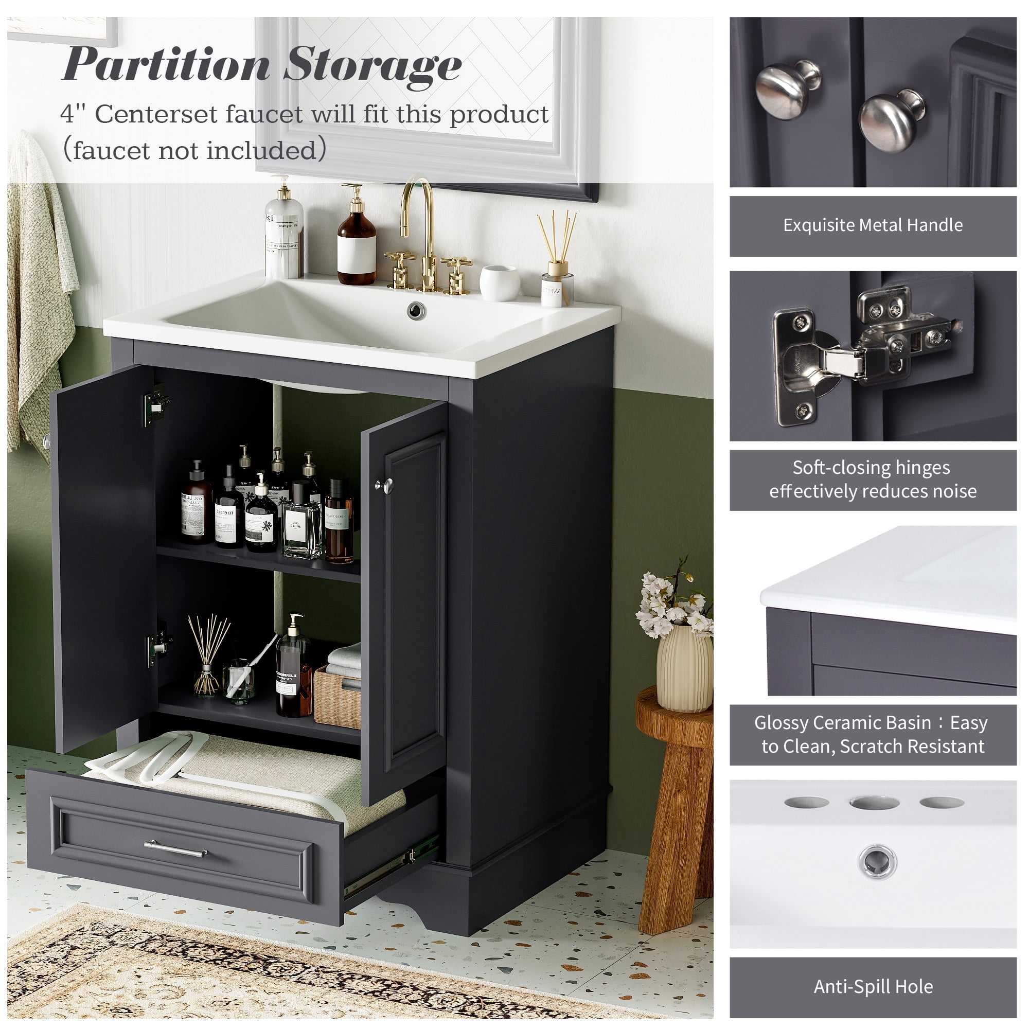 Euroco 24" Bathroom Vanity with Sink, Modern Bathroom Cabinet with Ceramic Basin & Adjustable Storage, Solid Wood Frame Vanity