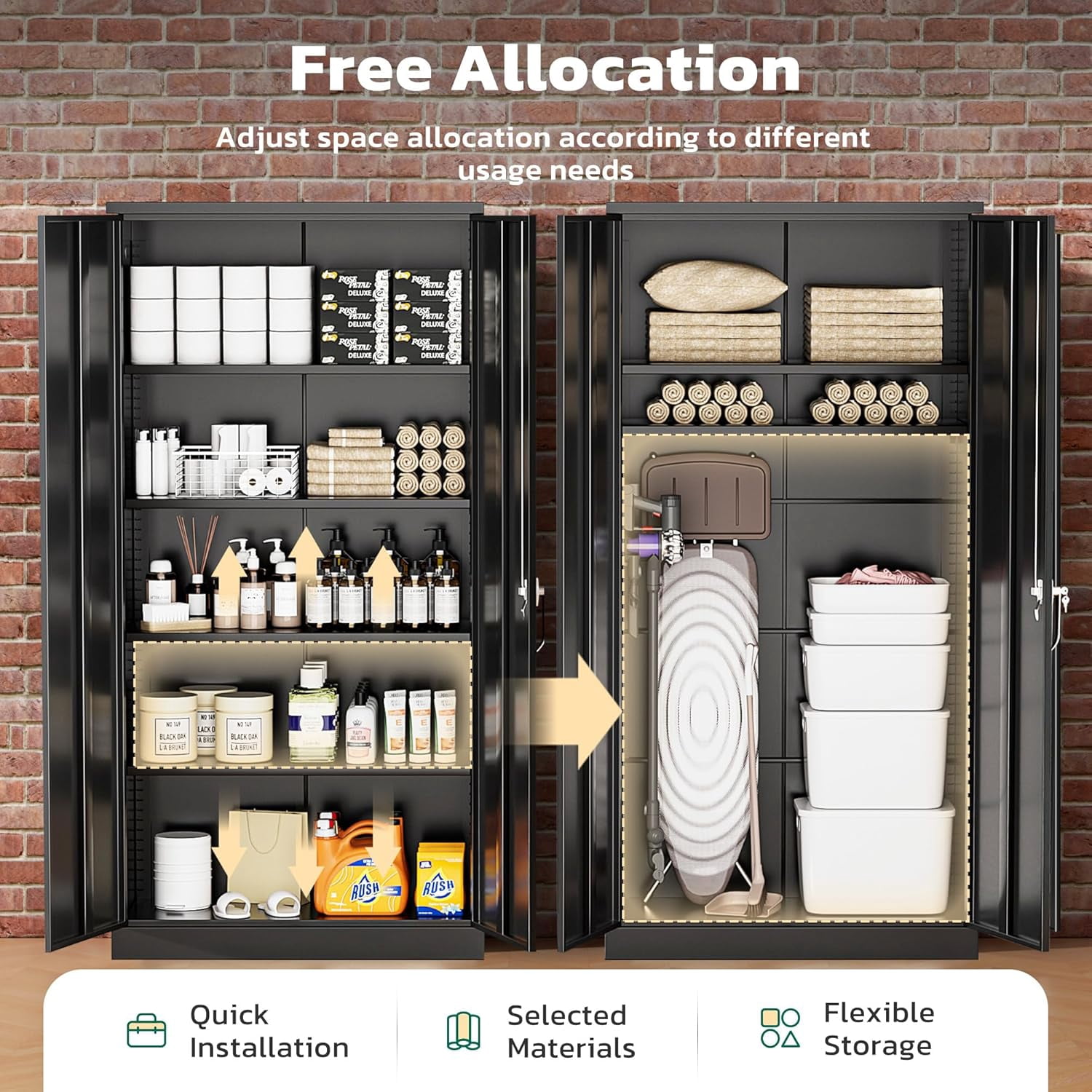 SOLAURA 72 inches Tall Metal Garage Storage Cabinets, Lockable Steel Storage Cabinet with Doors and Adjustable Shelves for Office, Home, Shops, Garage, Assembly Required, Black