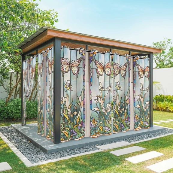 Purple Vintage Stained Glass Outdoor Curtains for Patio Waterproof, Flowers Butterfly Grommet Curtains for Porch Outside Privacy Drape for Gazebo Garden Pergola, 2 Panels, 54x108in