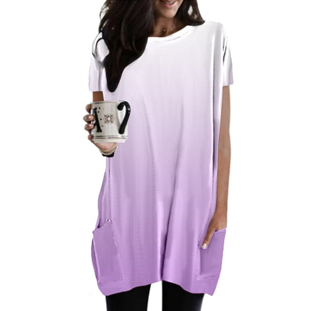 MKLEKYY Playeras De Algodon Mujer Camiseta Informal Holgada De Verano Para Mujer, Cuello Redondo, Manga Corta, Estilo Túnica Con Bolsillos, 1121 Talla M