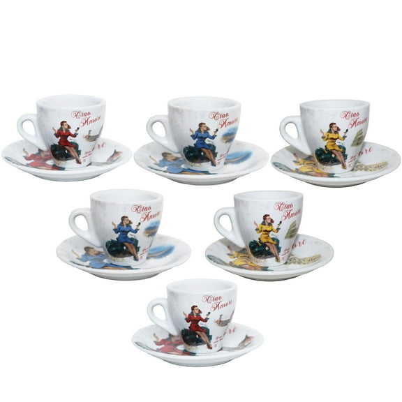 Lorren Home Espresso 3-ounce Ciao Amore Vespa Woman Red, Blue, Yellow Porcelain Cup & Saucer Set of 6