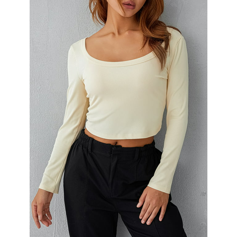 Sunisery Women's Long Sleeve Ribbed Shirts Scoop Neck Bodycon T Shirt  Casual Basic Crop Top Tee 
