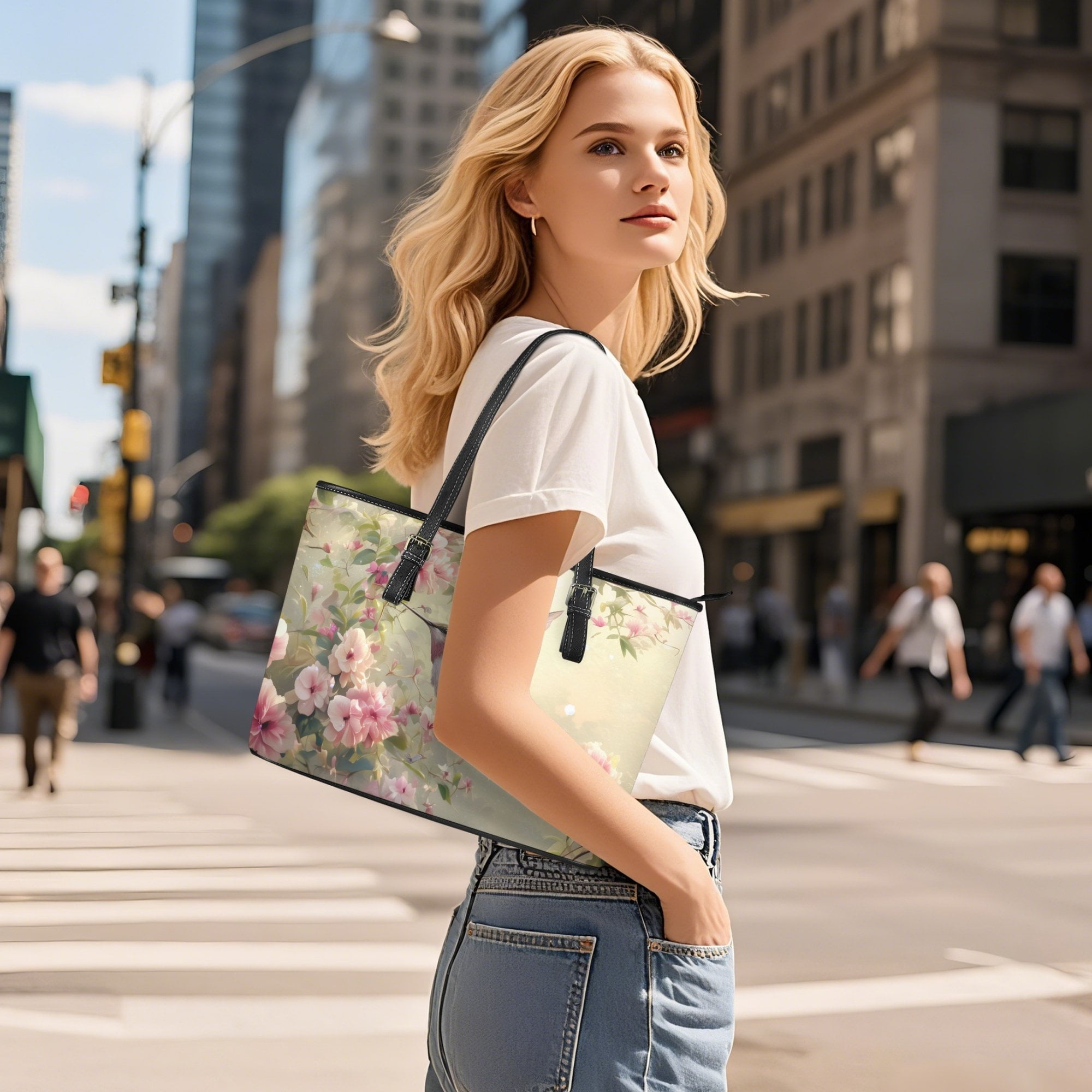 Kuiaobaty Hummingbird Print Tote Bag for Women, Flowers Print Leather Satchel Purse with Adjustable Strap, Lightweight Casual Shoulder Handbag for Travel & Shopping, Green