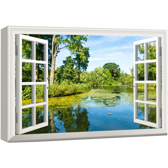 wall26 Canvas Print Wall Art Window View to Green Woodland Lake Nature Wilderness Photography Realism Rustic Landscape Colorful Multicolor Ultra for Living Room, Bedroom, Office - 24"x36"