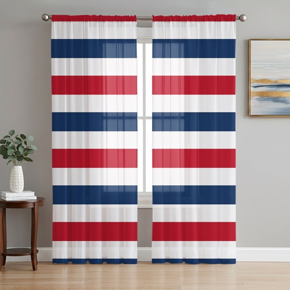 Red Blue Striped Sheer Curtains 63 Inch Length 2 Panels Set, Modern Minimalist Coastal Nautical Stripe Window Treatment Rod Pocket Curtains Sheers Drapes for Bedroom/Living Room/Kitchen 52x"63"x2