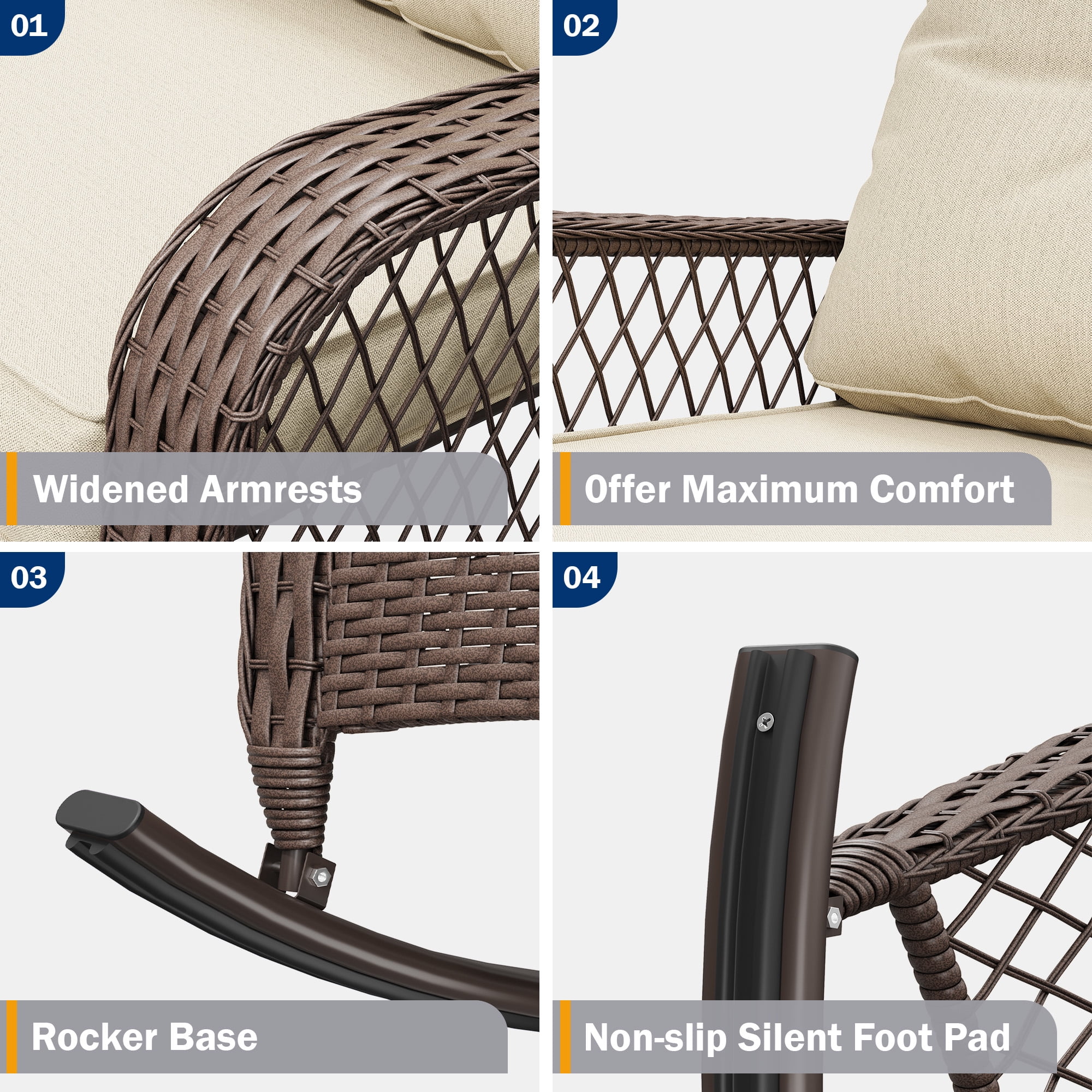 ELPOSUN 3-Piece Outdoor Rocking Chairs, Wicker Patio Furniture with Thickened Cushions and Table for Porch(Brown & Light Gray)