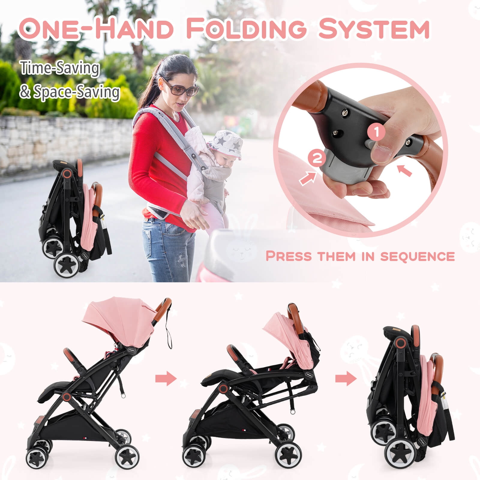 Infans Lightweight Baby Stroller Aluminium Frame w/ Net for Travel Pink