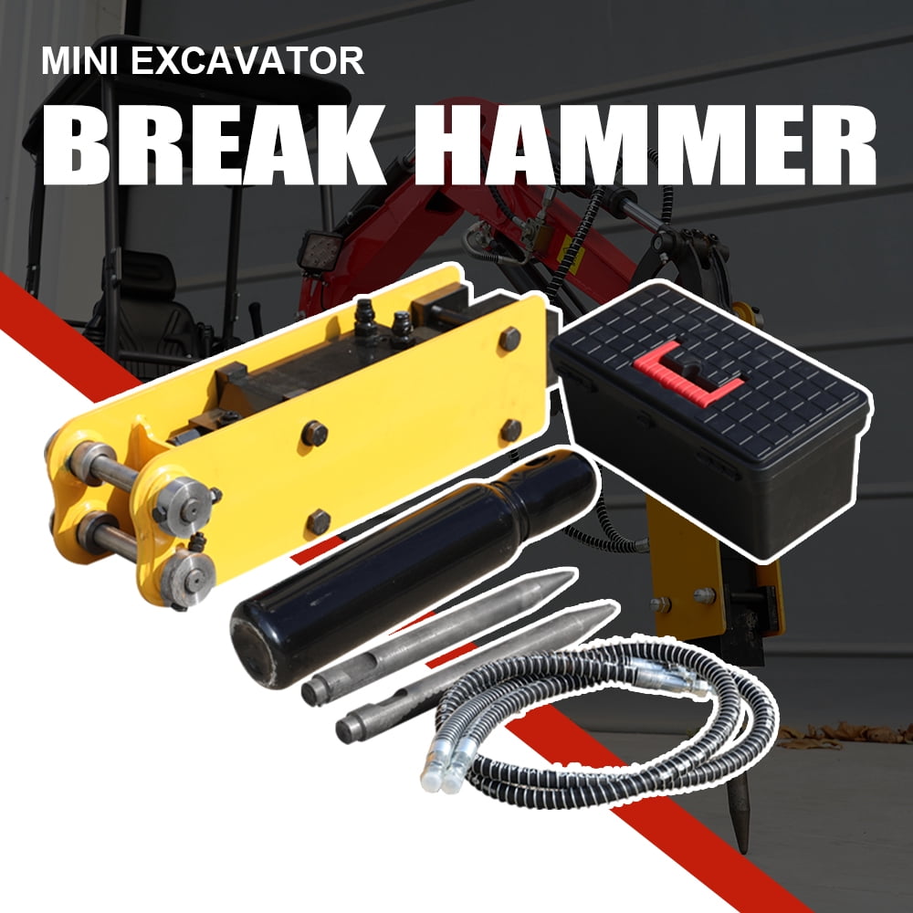HUAYEE Mini Excavator Hydraulic Breaker with Pins, Hydraulic Hoses & Chisels Heavy-Duty Attachment for Digger. USA Stock, 90MM/3.54in Span, 25MM/0.98in Hole Diameter, 90MM/3.54in Central Wheelbase