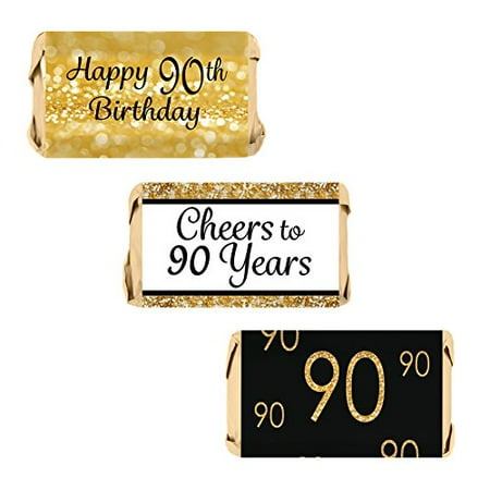 - DISTINCTIVS 90th Birthday Party Miniatures Candy Bar Wrapper Stickers - Gold and Black (Set of 54)