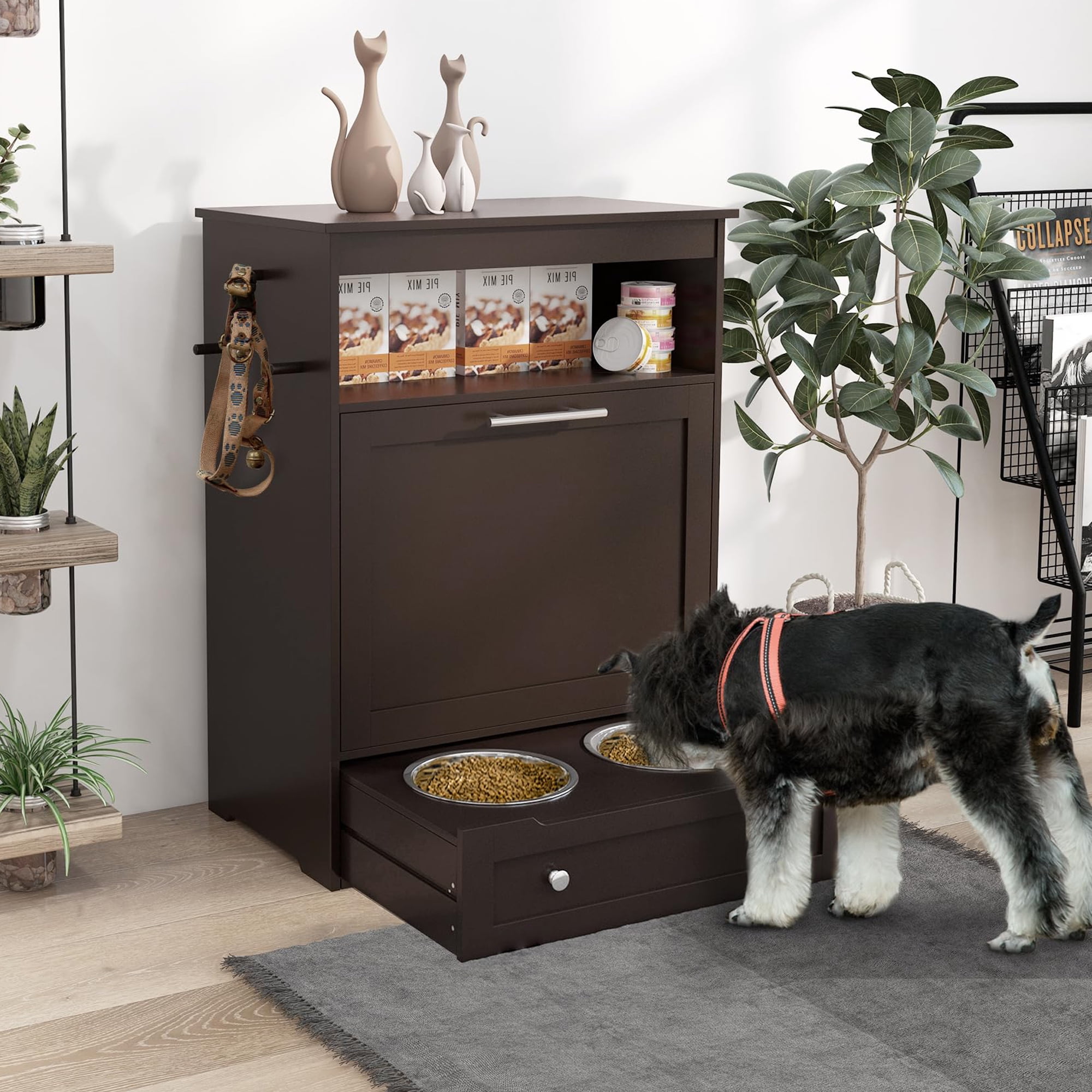 resenkos 32" Dog Feeder Station with Stainless Steel Bowl, Dog Food Storage Container, Pull Out Pet Food Cabinet, Brown