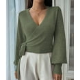 thumbnail image 5 of Women'S Casual V Neck Wrap Sweater Pullover Long Sleeve Slim Fit Knit Crop Top Sweater Grass Green XL, 5 of 9