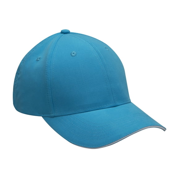 Polyester, moisture wicking, brushed microfiber, six panel, mid-crown, structured cap with contrast color sandwhich visor, Adams cool-crown mesh lining and self-fabric hook and loop closure.