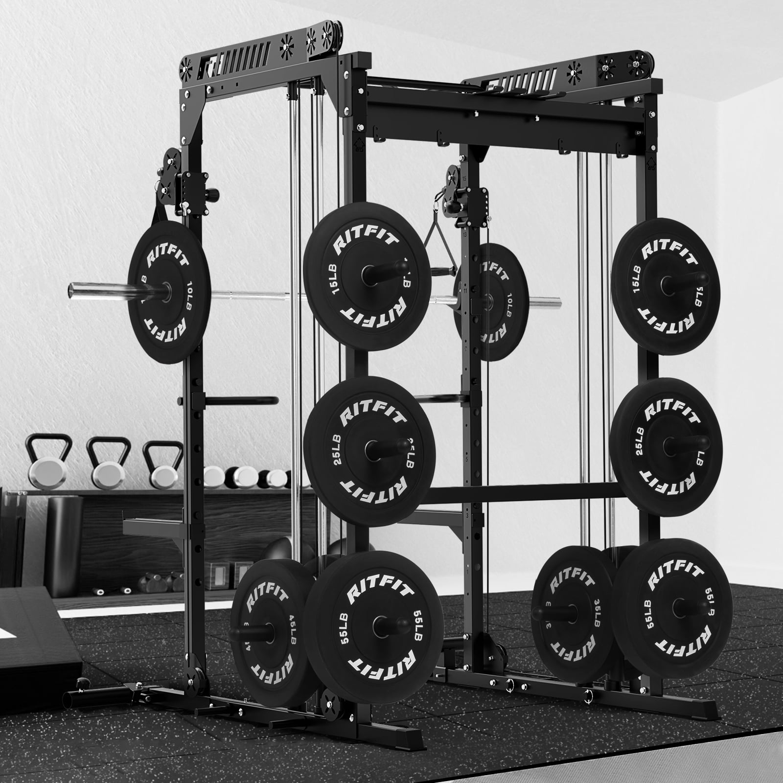 RitFit M1-C Power Cage with Cable Crossover System, 1600 LBS Capacity Squat Rack with Pull-up Bar, LAT Pulldown and Weight Storage, for Garage Workout & Home Gym