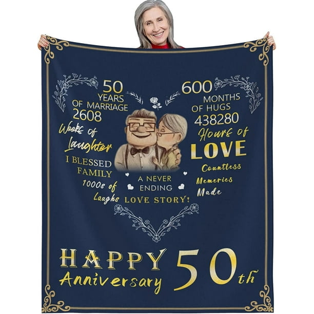 LHSHID Gifts for 50th Wedding Anniversary Golden for Couple Ultra Soft Micro Fleece Blankets for Bed Sofa Outdoor 50 for Parents Husband Wife Friends 60x80in