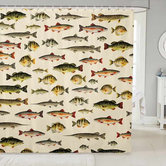 Manfei Hippie Freshwater Fish Shower Curtain 72Wx72L, Wildlife Bathroom Curtain, Cream