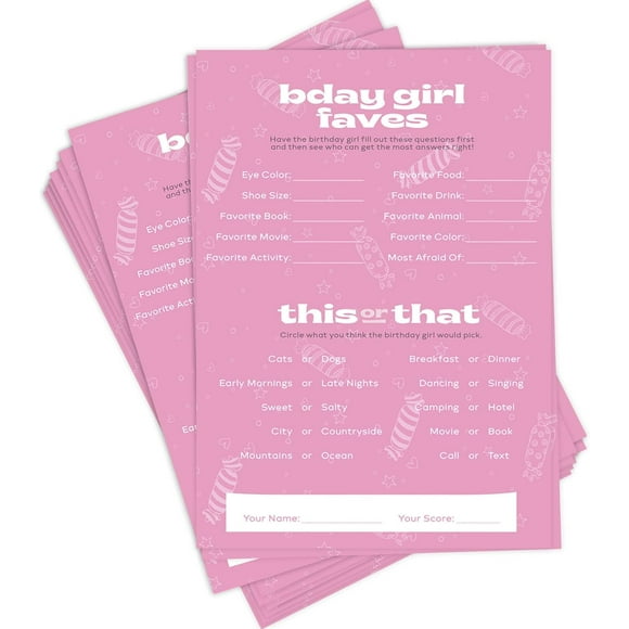 ERDS-Birthday Party Games - 50 Who Knows The Birthday Girl Best Game Cards, Adults, Teens and Kids, Sleepover Party Supplies, 50 Cards, Pink