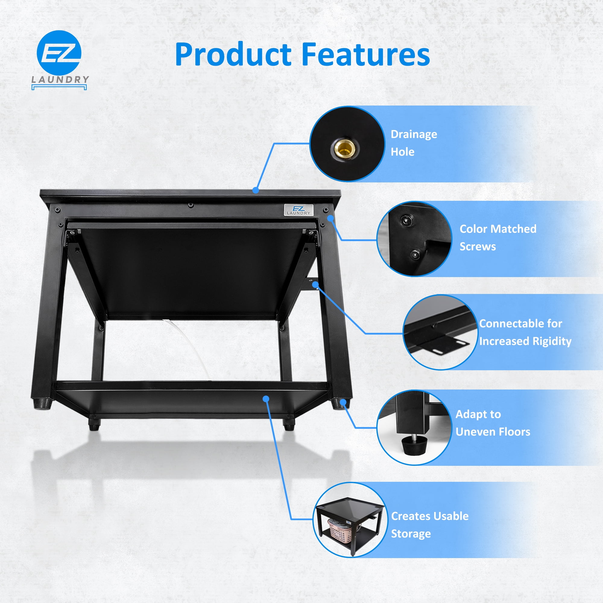 EZ Laundry Pedestal Compact 24" x 18" Washer Dryer Riser with Pull-Out Storage Shelf Black