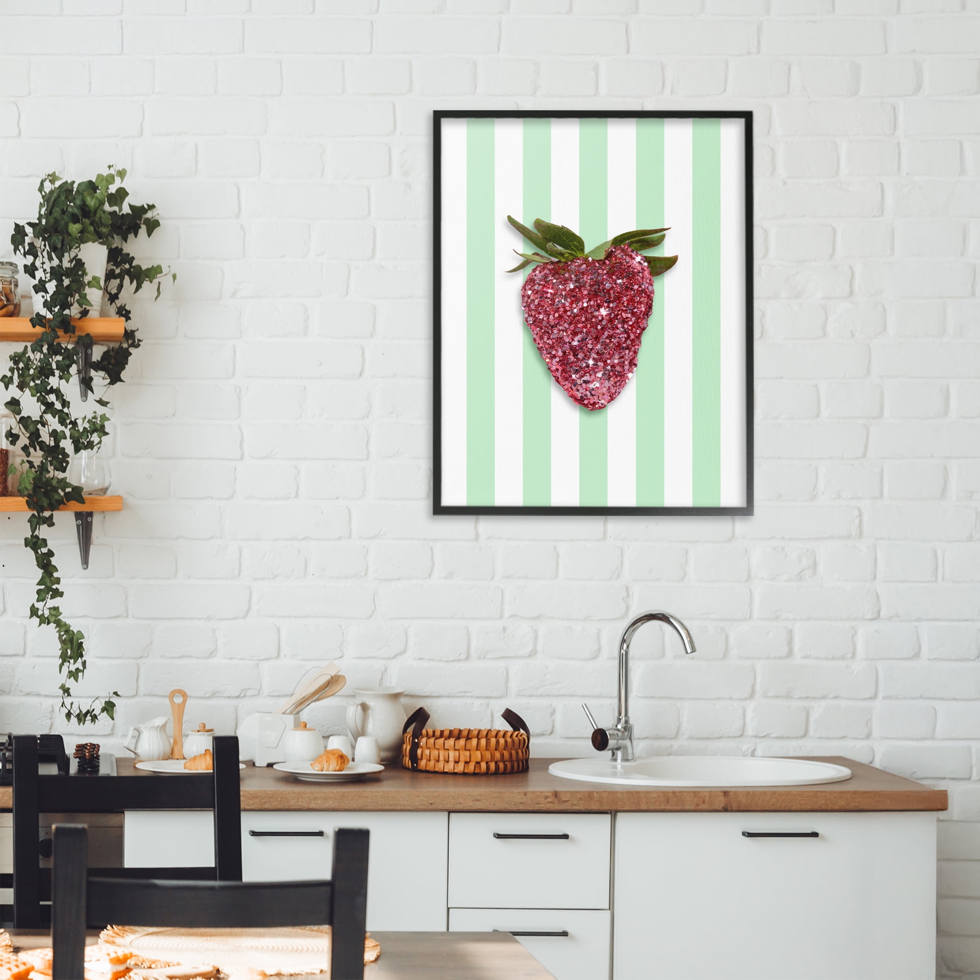 Stupell Industries Glimmer Cherry on Green Stripes Black Framed Giclee Art, design by LISH Creative