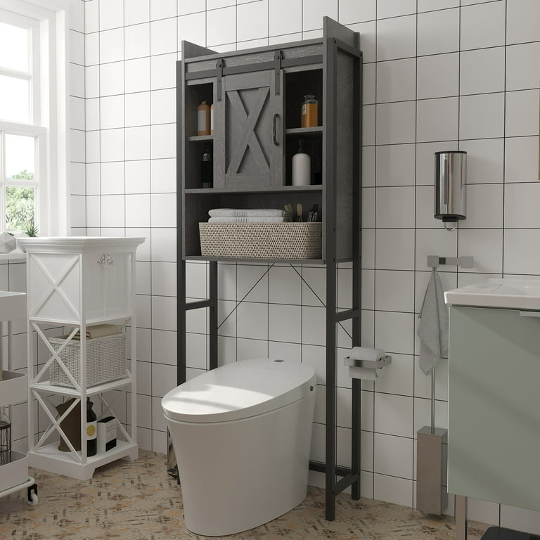 PWFE Over The Toilet Storage Cabinet, Farmhouse Bathroom Cabinet with  Sliding Barn Door, 3-Tier Bathroom Organizer Shelves for Home, Greye 