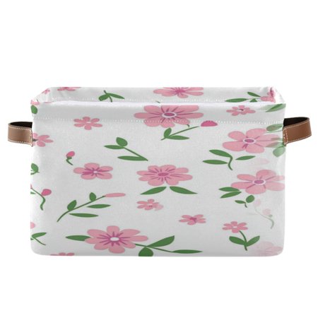Pink Flower Pattern Foldable Storage Basket Canvas Fabric Foldable Storage Bins with Handles Open Home Storage Bins Boxes for Toy Book Shelf Closet Baskets