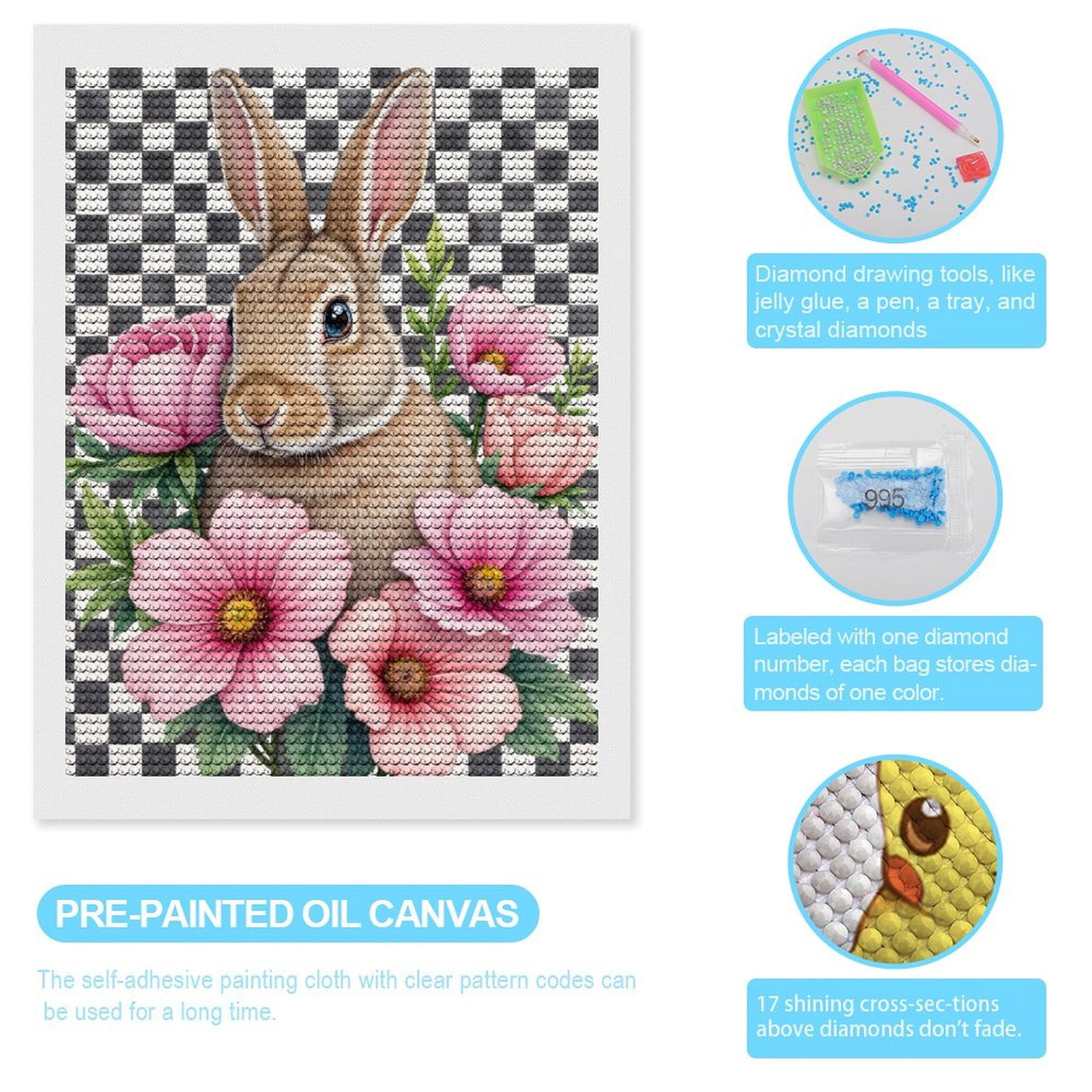 Diamond Art Kits for Adults, Rabbit With Pink Flowers Checkered Background 5D Diamond Painting Kits for Adults Beginners, DIY Full Drill Diamond Painting, Gem Art and Crafts 12x16